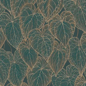 Tummanvihreä kultareunainen lehtitapetti